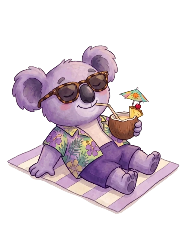 Koala in a Hawaiian shirt lounging on a beach towel, sipping a piña colada