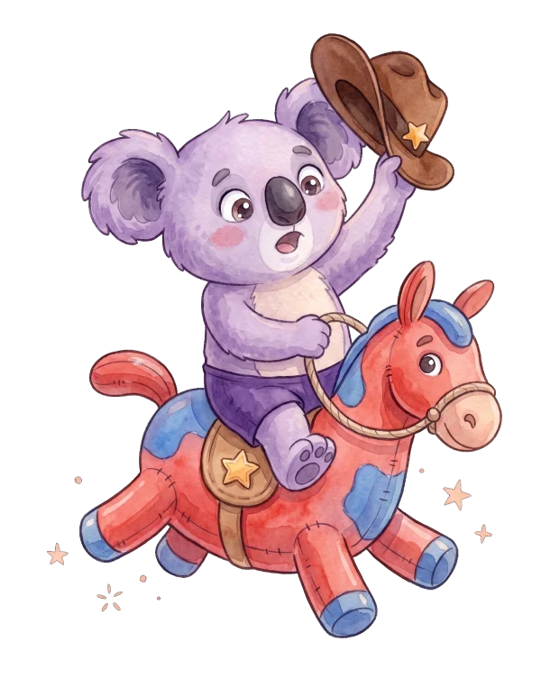 Koala riding a rocking horse, tipping its cowboy hat